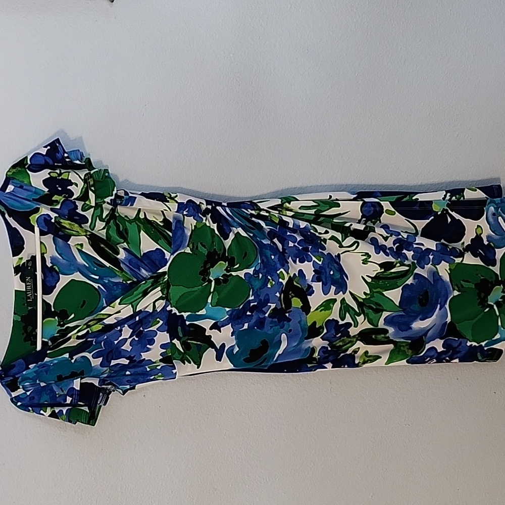 Womens Lauren by Ralph Lauren floral dress blues and green over white.